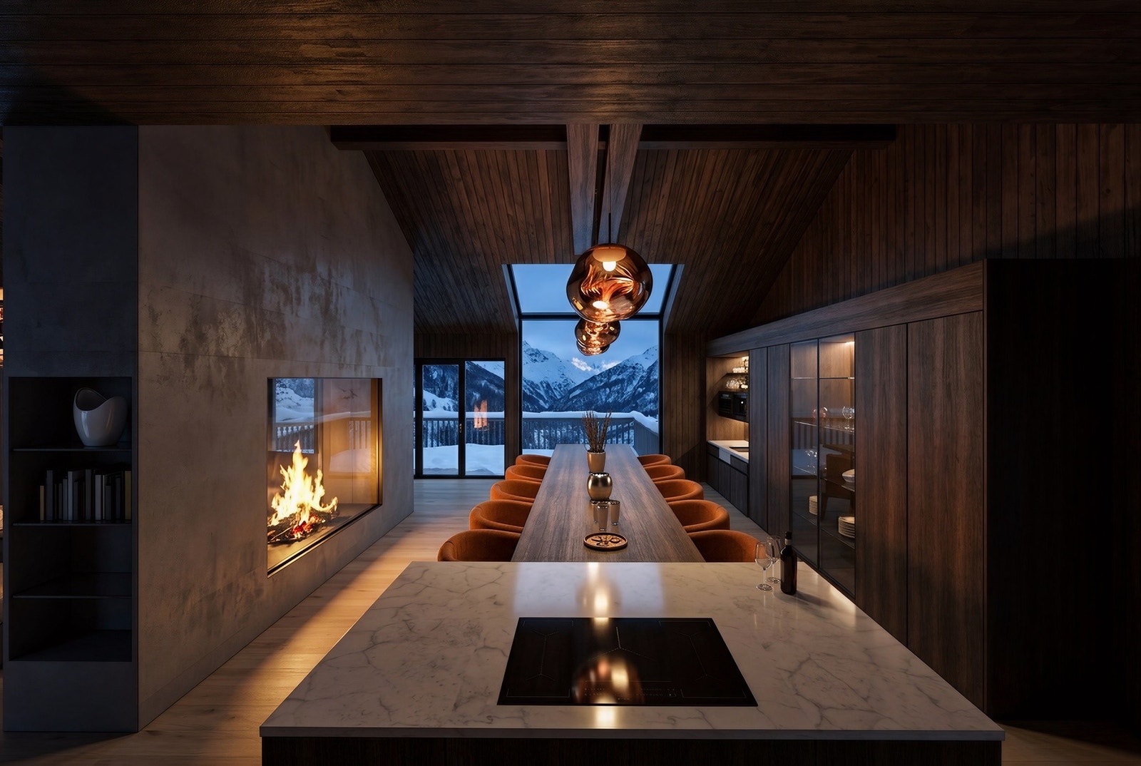 Benkeplater i stein gir et eksklusivt uttrykk, kombinert med førsteklasses hvitevarer fra Gaggenau -en perfekt balanse mellom funksjon, estetikk og tidløs eleganse Galleribilde