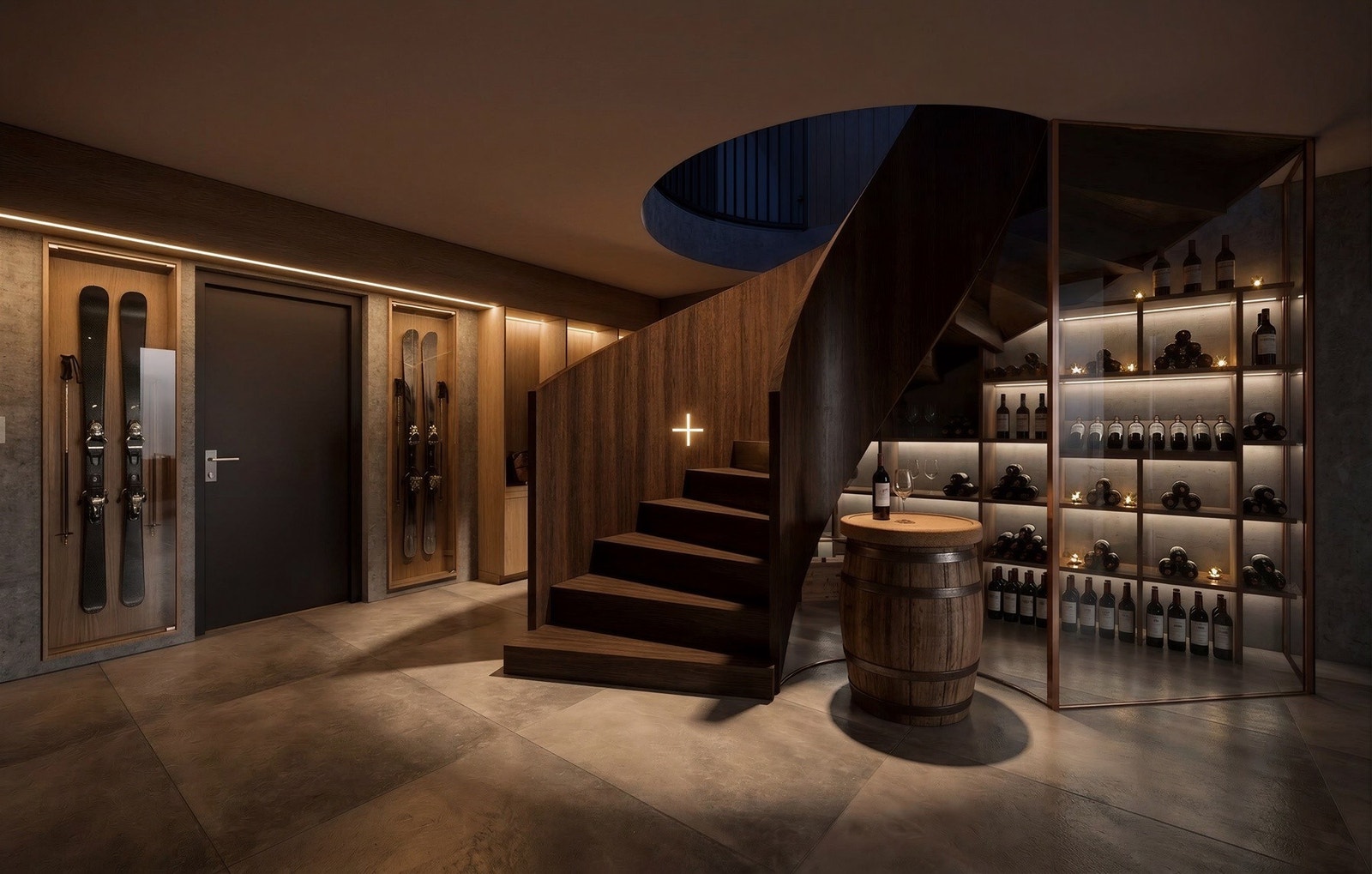 En romslig og innbydende hall i underetasjen. Det leveres trapp med integrert rom i glass med innredning Galleribilde