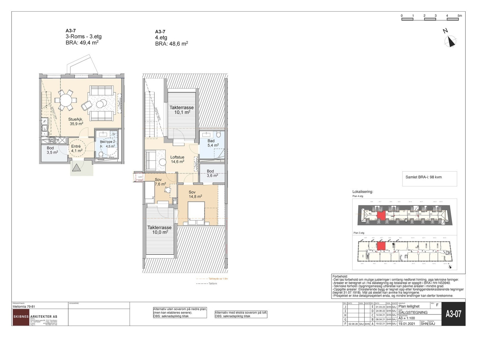 Alternativ planløsning uten soverom på plan 1, og 2 soverom på plan 2. Galleribilde