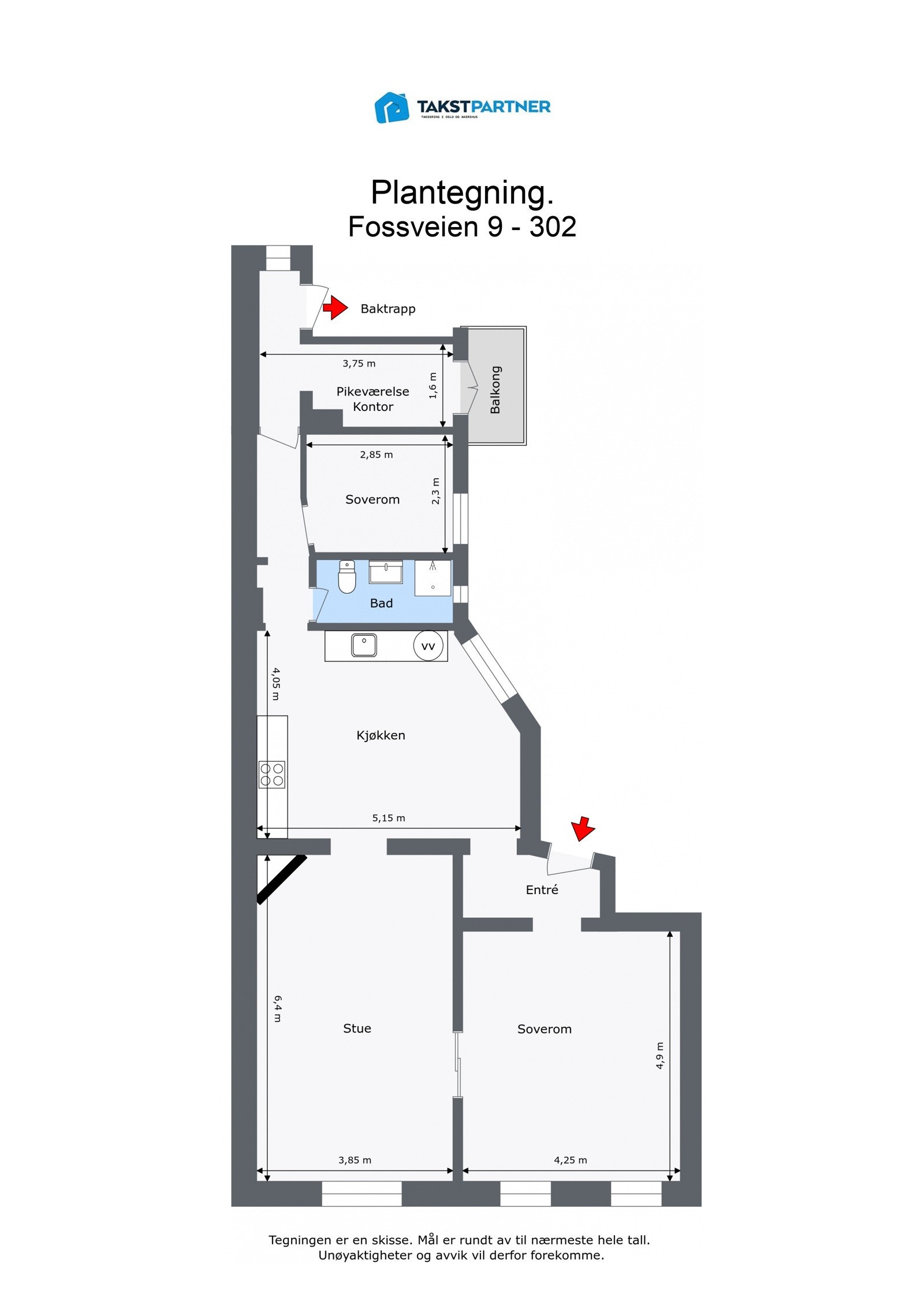 Plantegning 3. etasje. I tillegg disponerer leiligheten en kjellerbod. Heis i bygget. Galleribilde