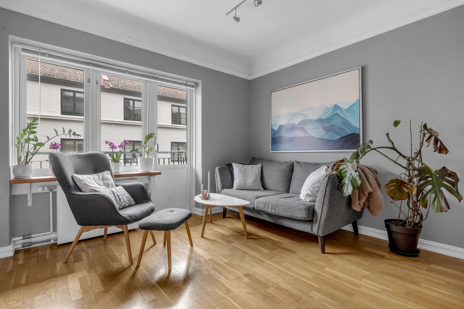 Innred med både sofagruppe, salongbord, TV-seksjon og spisebord. Galleribilde