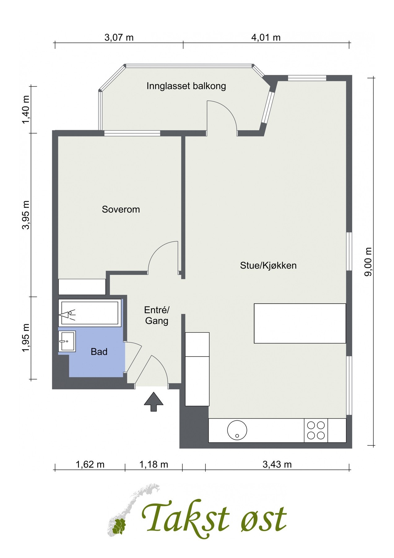 Plantegning. I tillegg disponerer leiligheten en kjellerbod på 7 kvm og en loftsbod med gulvareal på ca. 12 kvm. Galleribilde