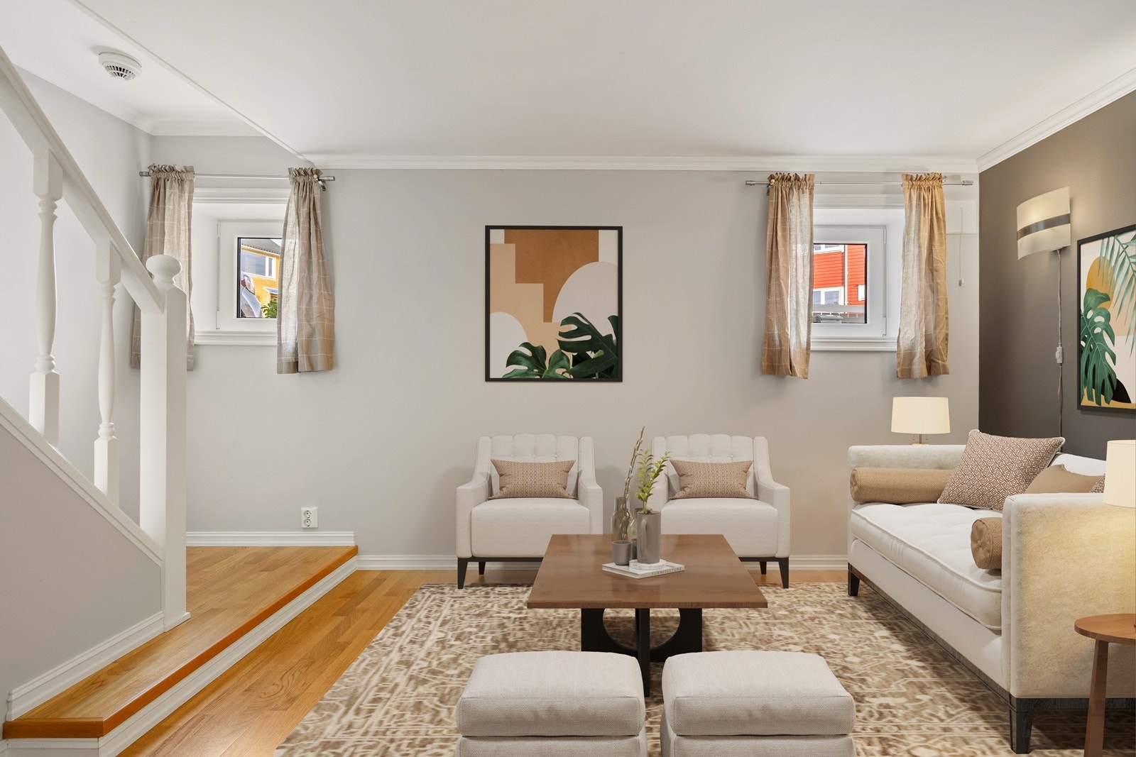 Eier har brukt rommet til kjellerstue / kontor. De to vinduene i rommet er helt nye, men små. Digitalt innredet, rommet fremstår tomt Galleribilde