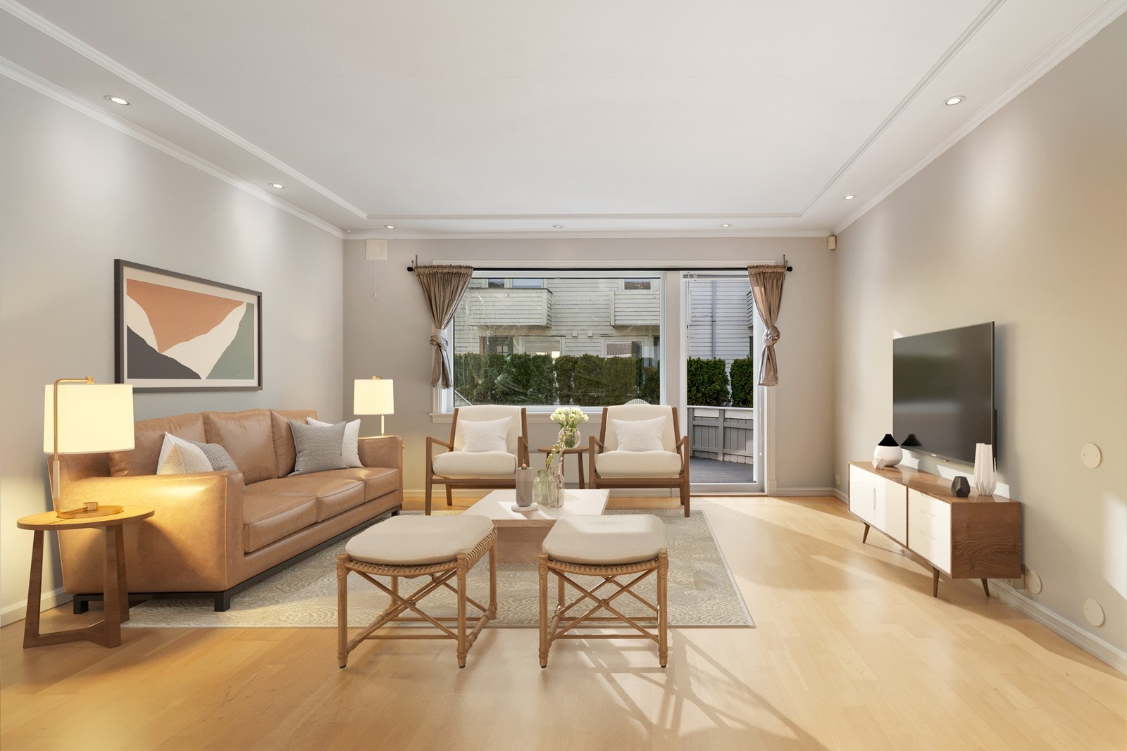 Stue med utgang til terrasse - digitalt innredet, rommet fremstår tomt Galleribilde