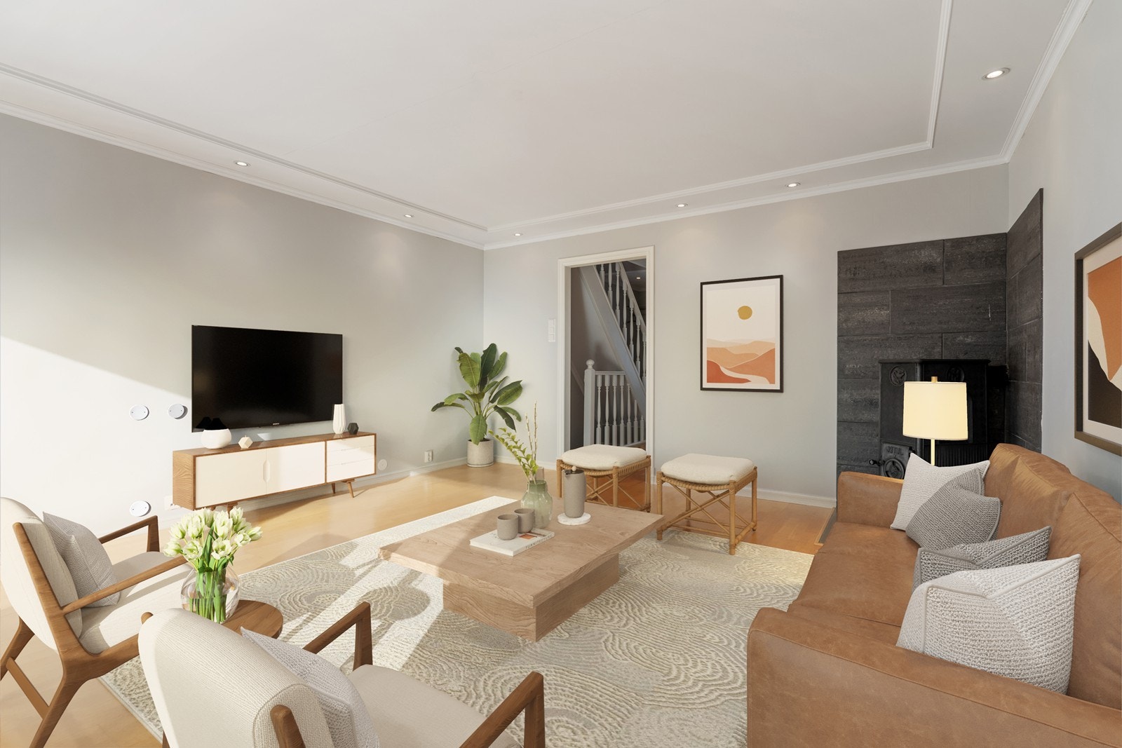 Stua har Jøtul vedovn, spotter i taket, eikeparkett på gulv og nymalte vegger. Digitalt innredet, rommet fremstår tomt Galleribilde