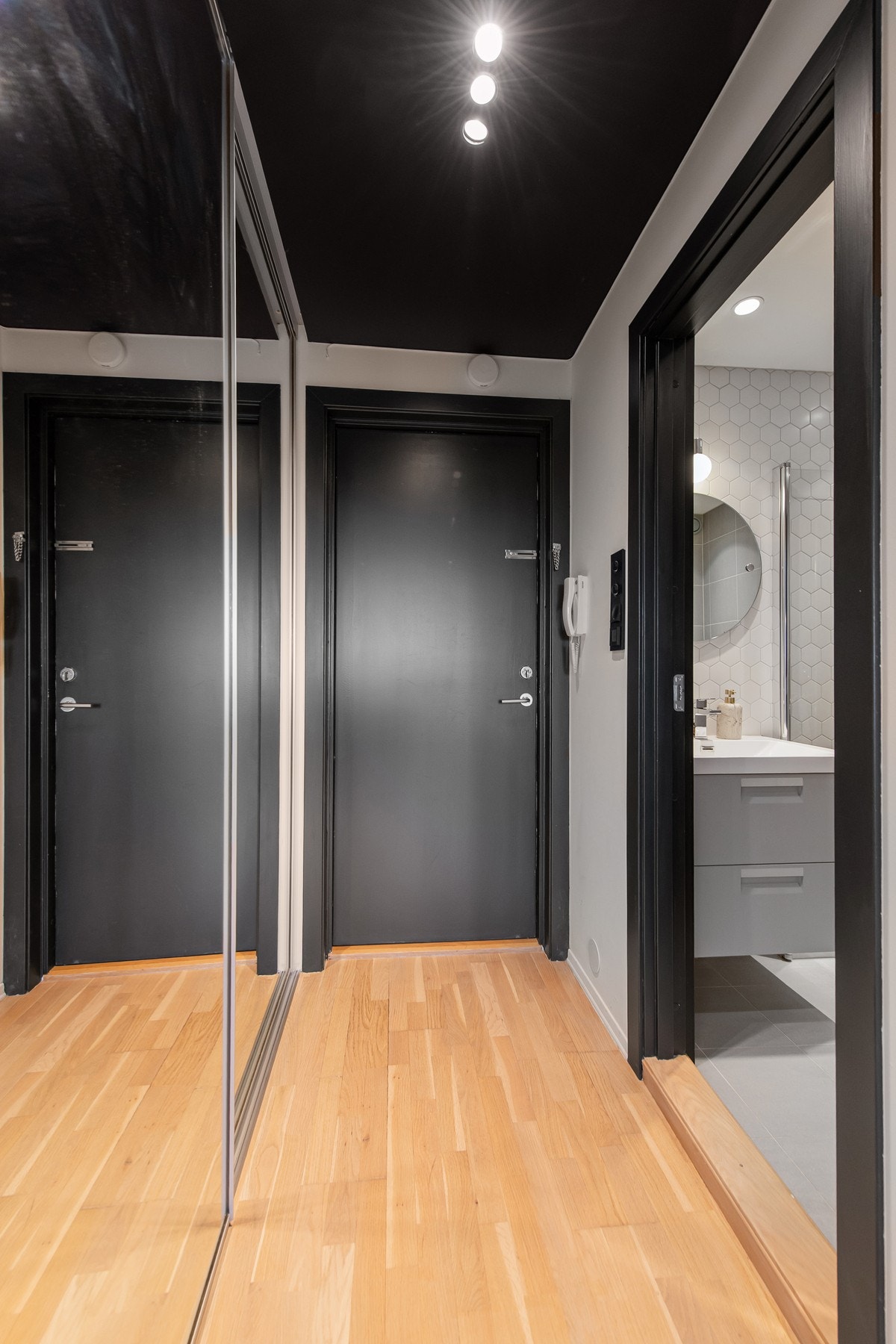Gangen er utstyrt med dobbel skyvedørsgarderobe med speilfront Galleribilde