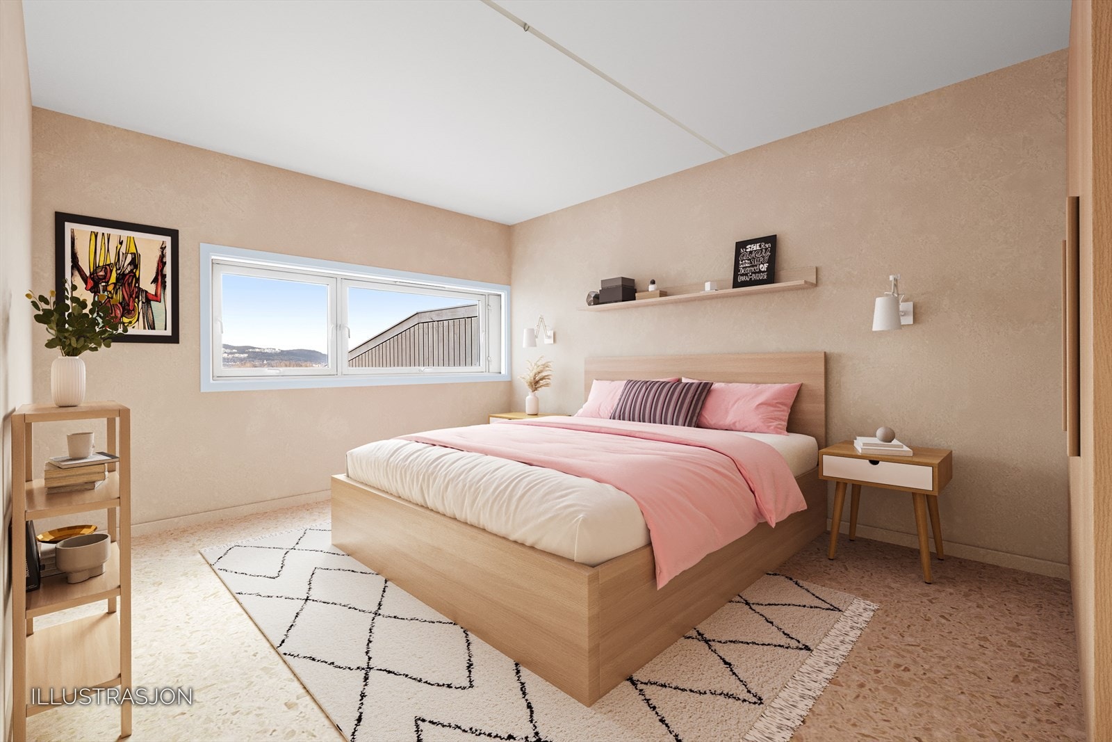 Soverom - Illustrert bilde som viser et lyst og romslig soverom. Galleribilde