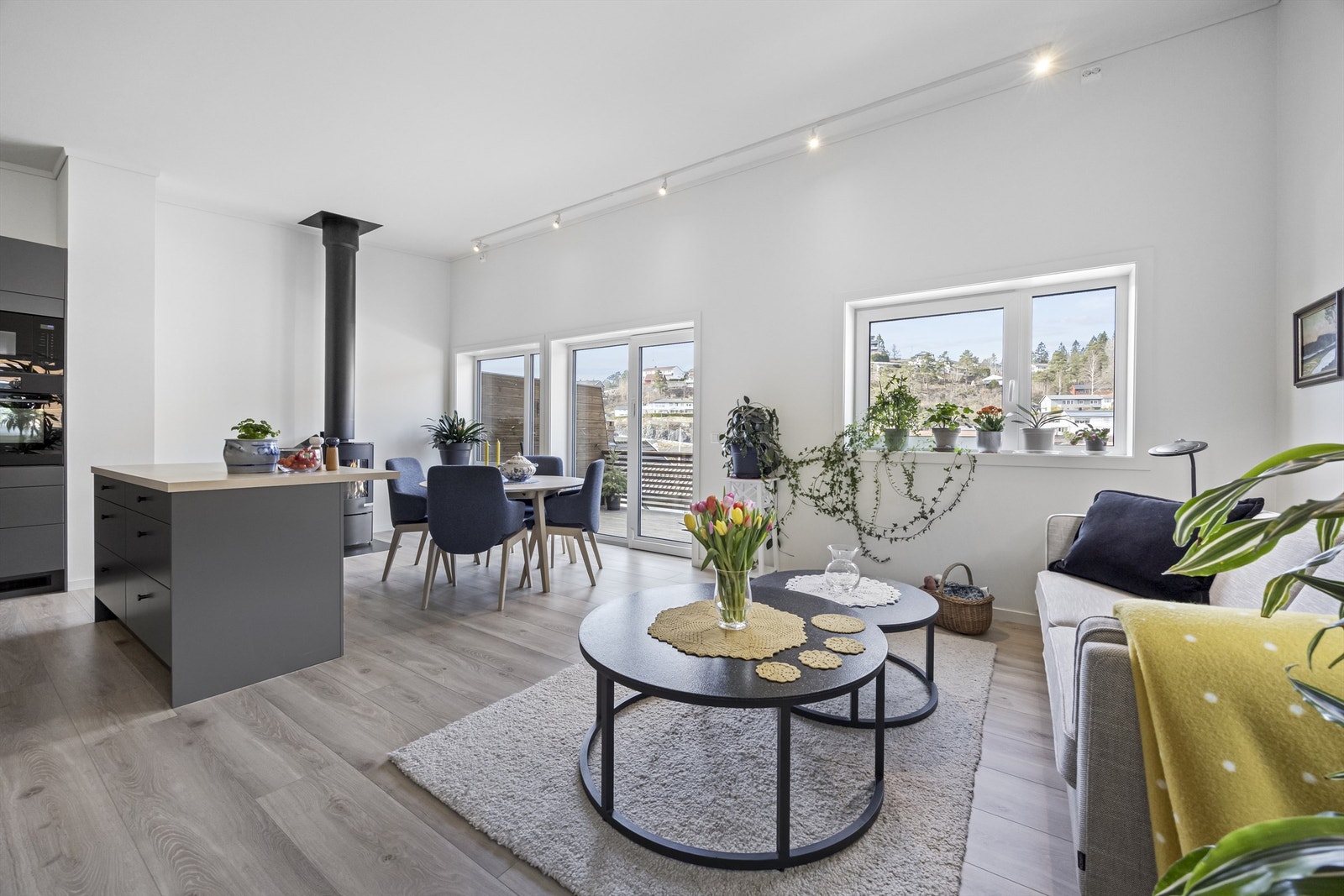 Stor stue med peisovn og lyse flater. Galleribilde