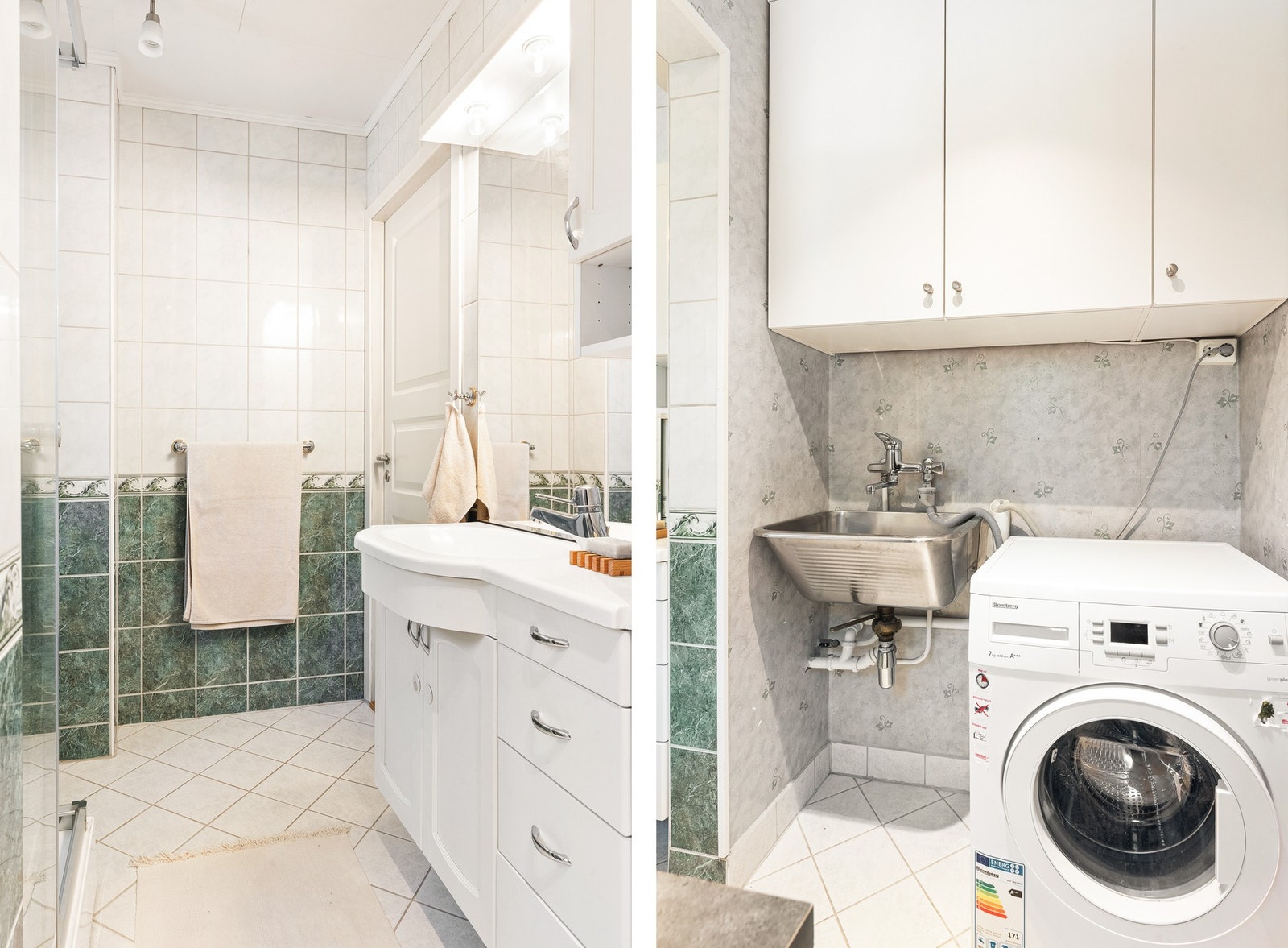 Badet er innredet med servant med innredning, dusjkabinett, utslagsvask, vaskeromsinnredning og opplegg for vaskemaskin. Galleribilde