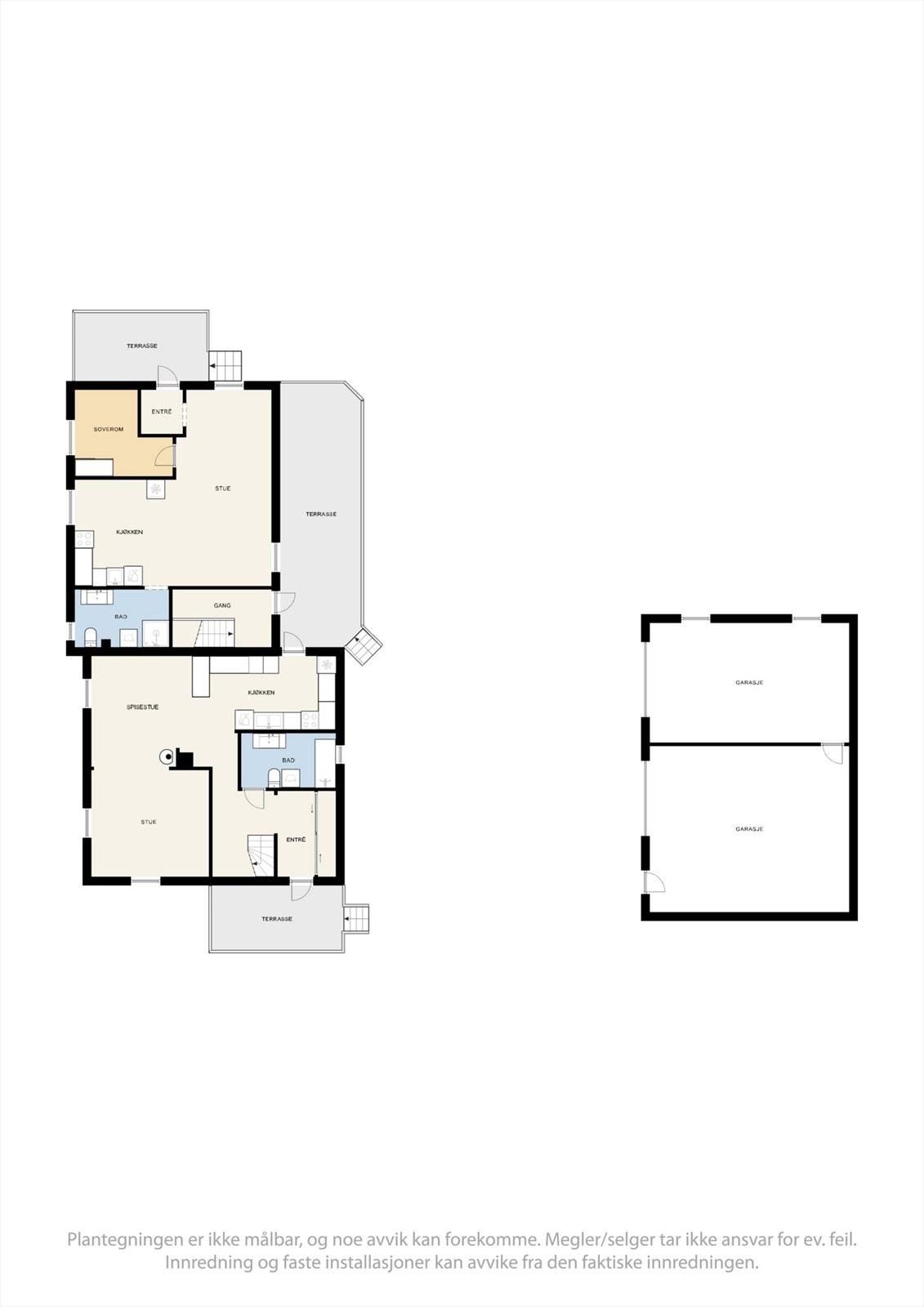Plantegning, første etasje - Hoveddel, utleiedel og garasje. Galleribilde