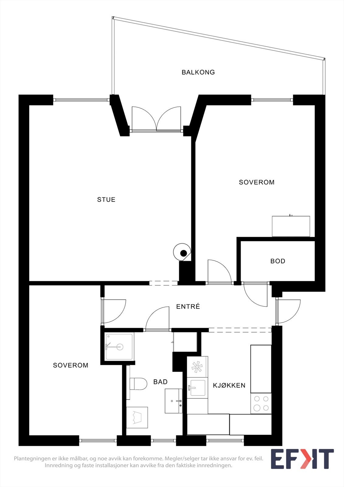 Leiligheten på 65 m² har en arealeffektiv planløsning med to soverom, separat kjøkken og en praktisk innvendig bod. Galleribilde