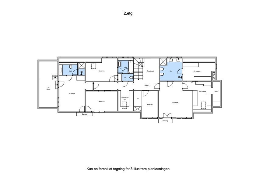 Hovedhus, 2. etasje: 135 kvm BRA + ca. 2 kvm balkong. Galleribilde