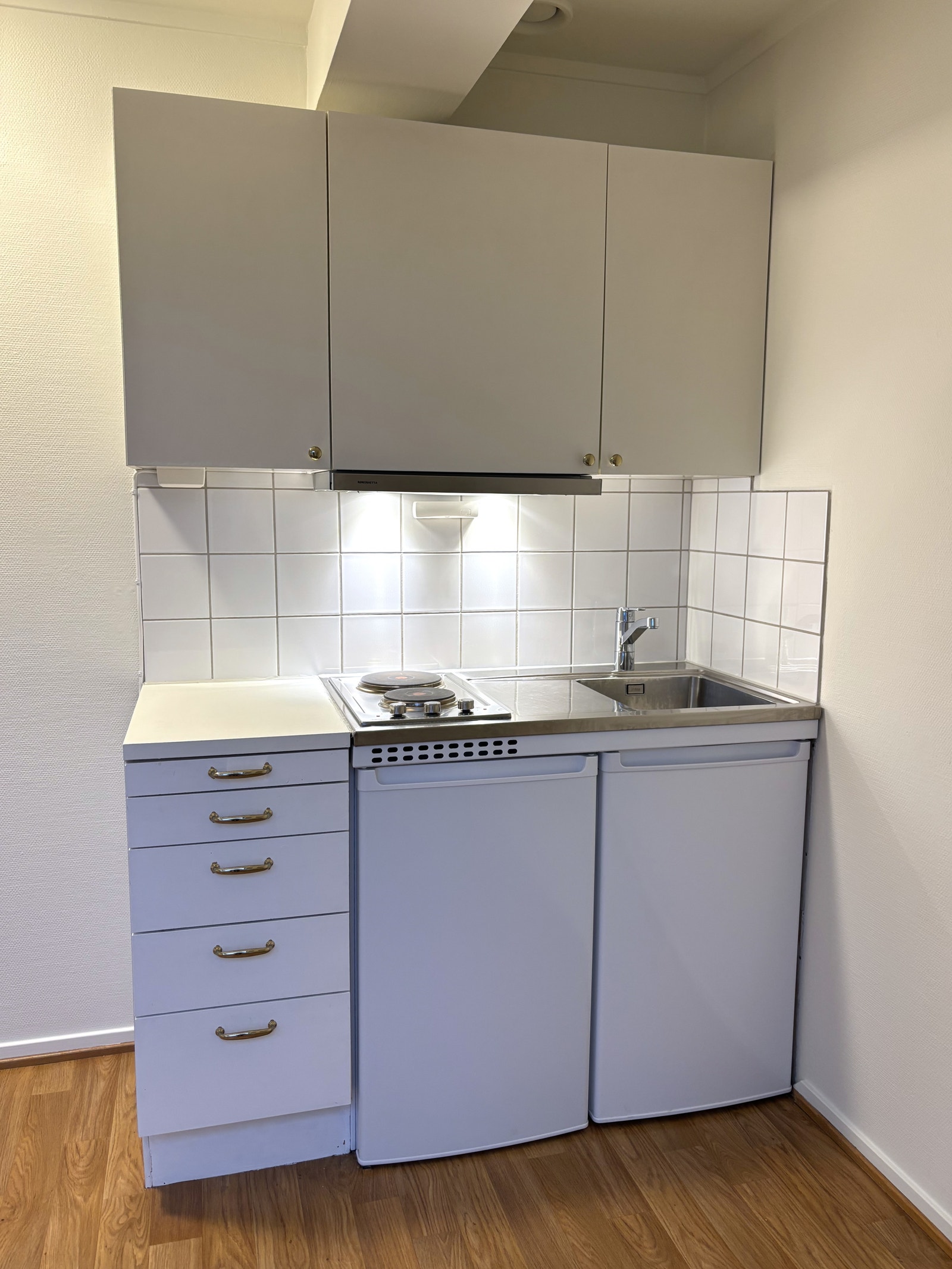 Minikjøkken med to kokeplater, lite kjøleskap med frysedel. Galleribilde