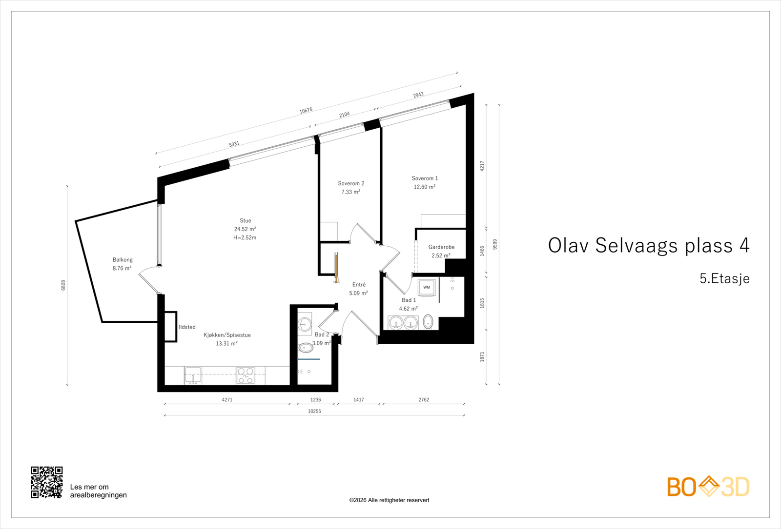 Planløsningen viser to dusj/wc, stue/spisestue med kjøkken, to soverom og en garderobe, effektivt fordelt over 77 m². Galleribilde