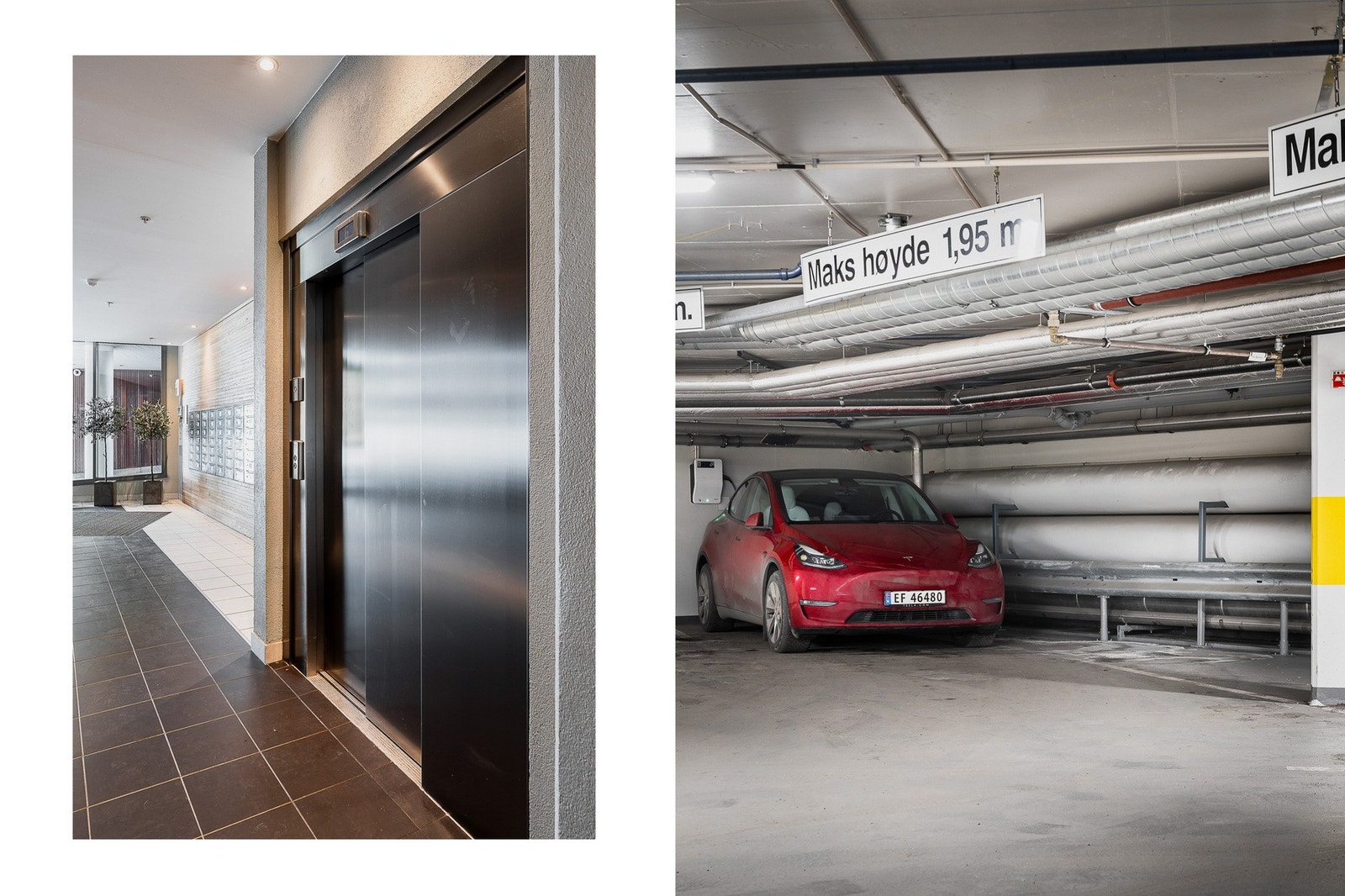 I felles garasjeanlegg medfølger en parkeringsplass utstyrt med veggmontert lader for elbil, en del av Selvaag +Concept. Galleribilde
