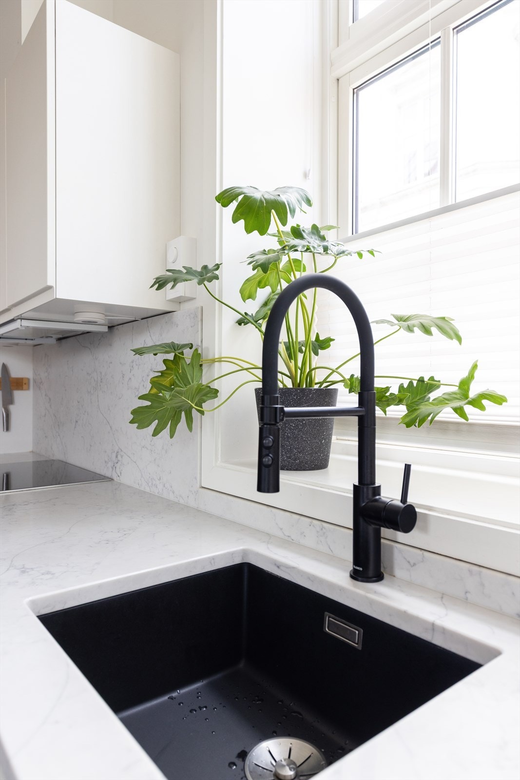 Kompositt benkeplate og backsplash plate er også byttet i 2024. Kjøkkenvifte med mekanisk avtrekk. Ny vask og armatur fra Blanco Galleribilde