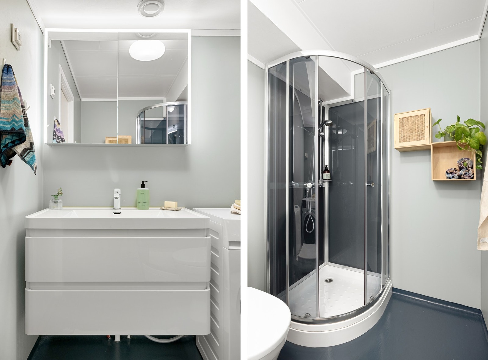 Badet er innredet med toalett, servant med innredning og dusjkabinett. Galleribilde