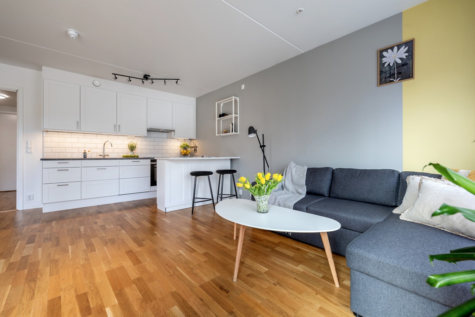 Kjøkkenet er utstyrt med integrerte hvitevarer som induksjonstopp, komfyr, oppvaskmaskin og kjøleskap med frysedel. Galleribilde