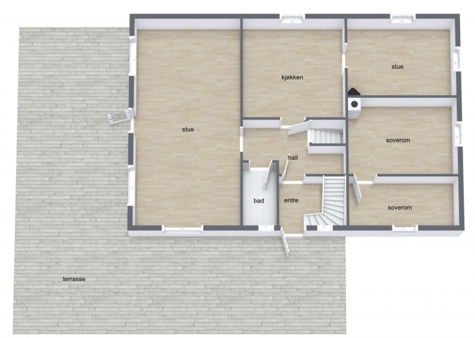 1.etasje inneholder entré, gang, to stuer, kjøkken, bad, to soverom, bod og trapperom. Galleribilde