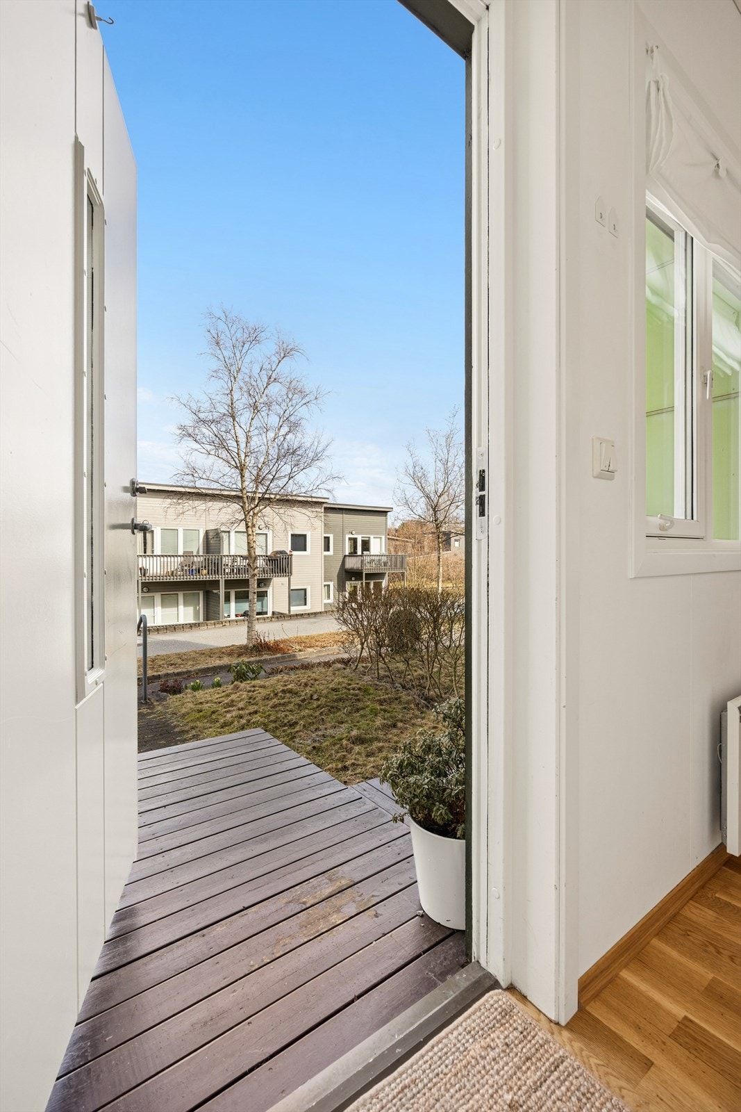 Fra inngangspartiet ser man ut mot rolige, felles grøntområder. Galleribilde