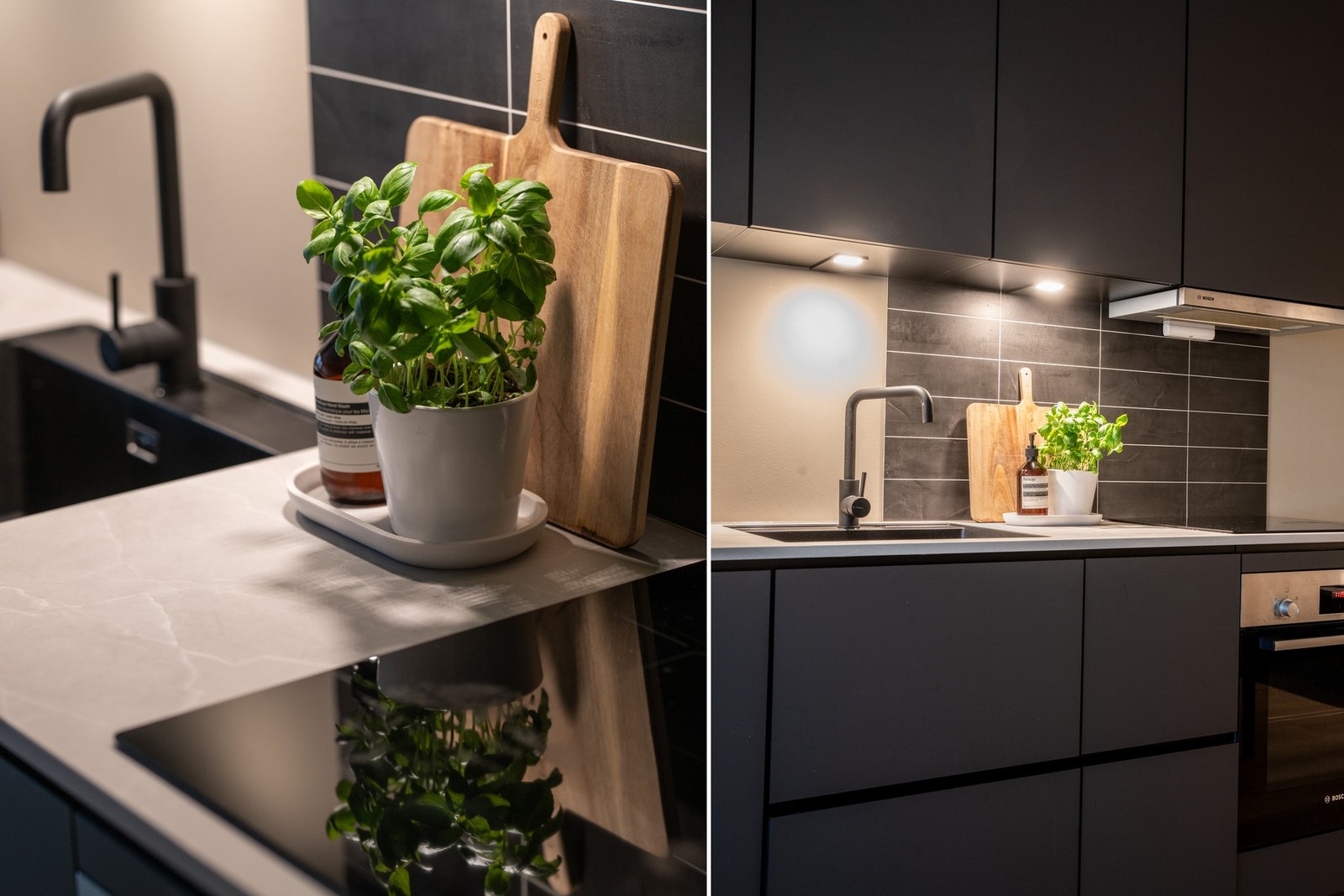 Innredningen har slette, mørke fronter som gir et eksklusivt uttrykk, kombinert med en slitesterk benkeplate i kompaktlaminat. Galleribilde
