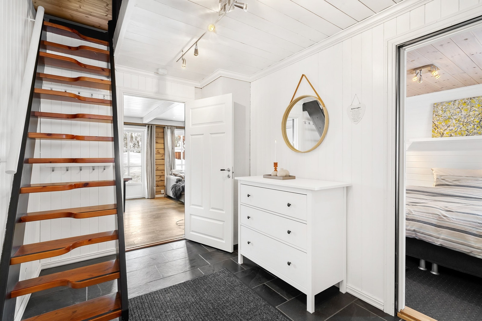 Velkommen inn. Soverom til høyre, stue rett frem. Galleribilde