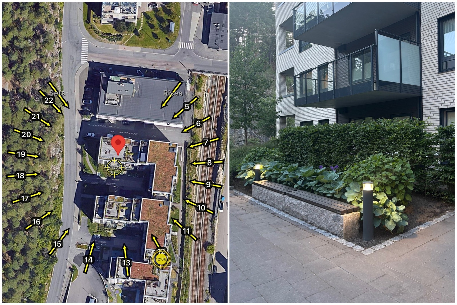 Solkart med solens bane rundt Sankthans. I sommerhalvåret vokser hekken og beplantningen rundt uteplassen seg grønn og fin. Galleribilde