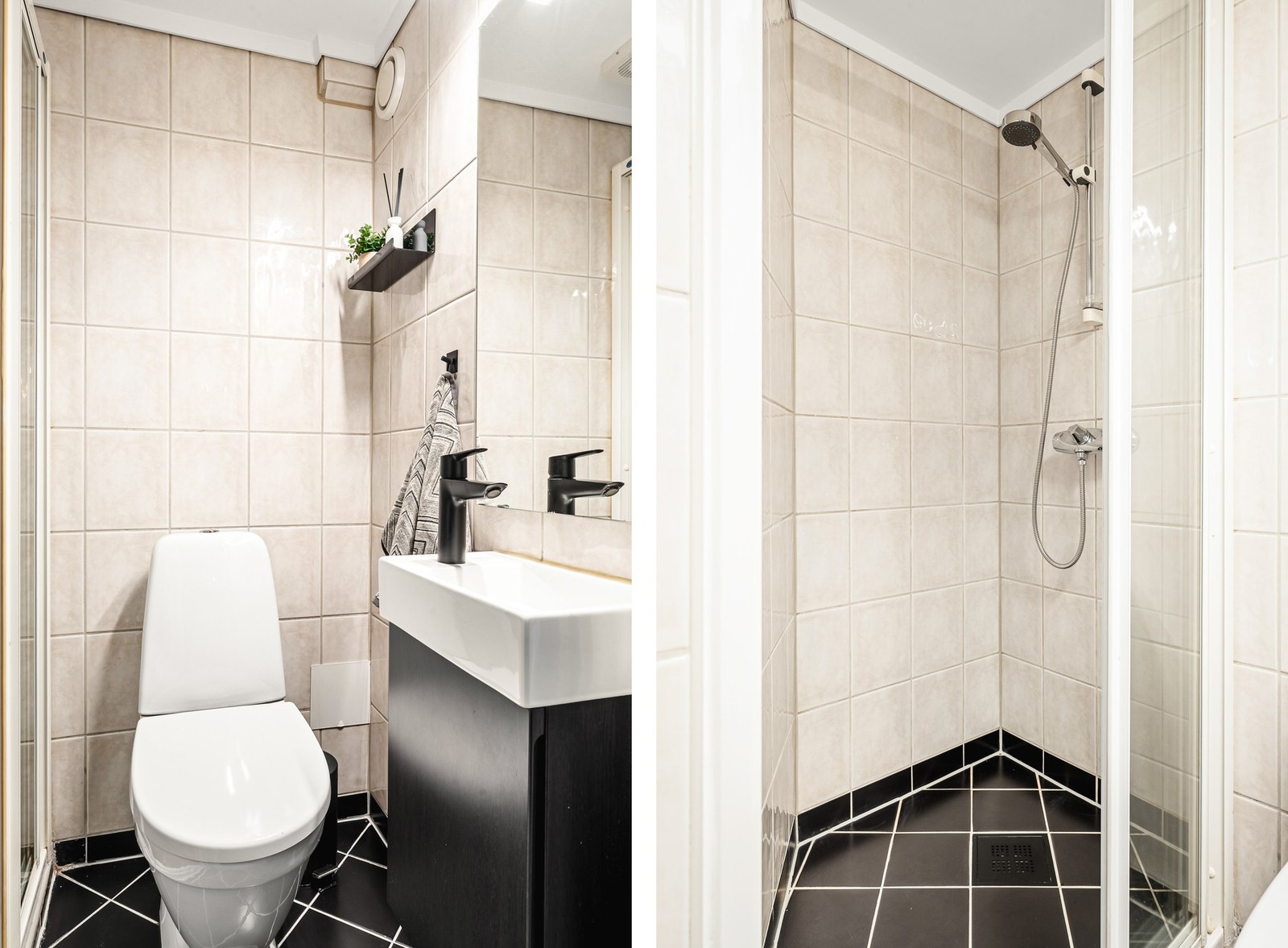 Badet er innredet med toalett, servant med innredning og dusjhjørne. Vask og lampe fra 2023. Galleribilde