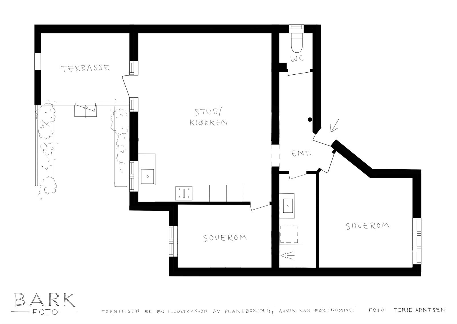 Alternativ plantegning (kjøpers ansvar om dette lar seg gjennomføre og det anbefales gjennomgang med fagfolk dersom dette er avgjørende for kjøp). Det gjøres oppmerksom på at utvidelse av bad er søknadspliktig tiltak. Galleribilde