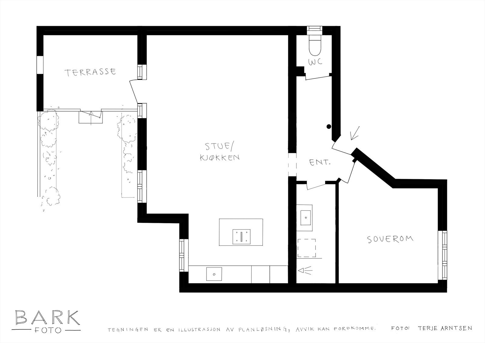 Alternativ plantegning (kjøpers ansvar om dette lar seg gjennomføre og det anbefales gjennomgang med fagfolk dersom dette er avgjørende for kjøp). Det gjøres også oppmerksom på at leiligheten ikke har eksklusiv bruksrett på terrassen. Galleribilde