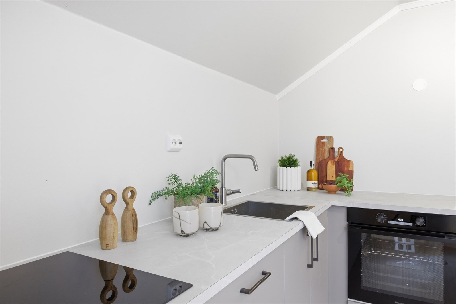 Kjøkkenet har moderne hvitevarer, herunder koketopp med integrert ventilasjon Galleribilde