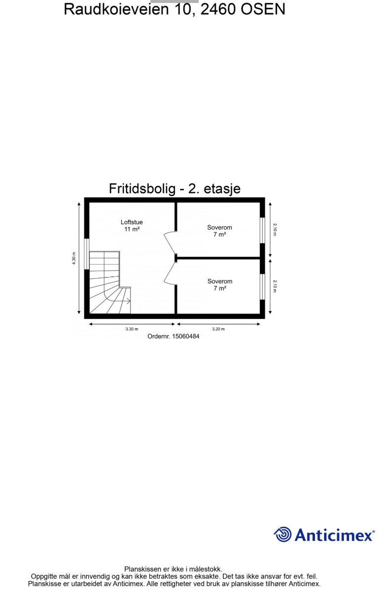 Plantegningen viser en loftstue og to soverom (Det gjøres oppmerksom på at hemsen ikke er godkjent for varig opphold). Galleribilde