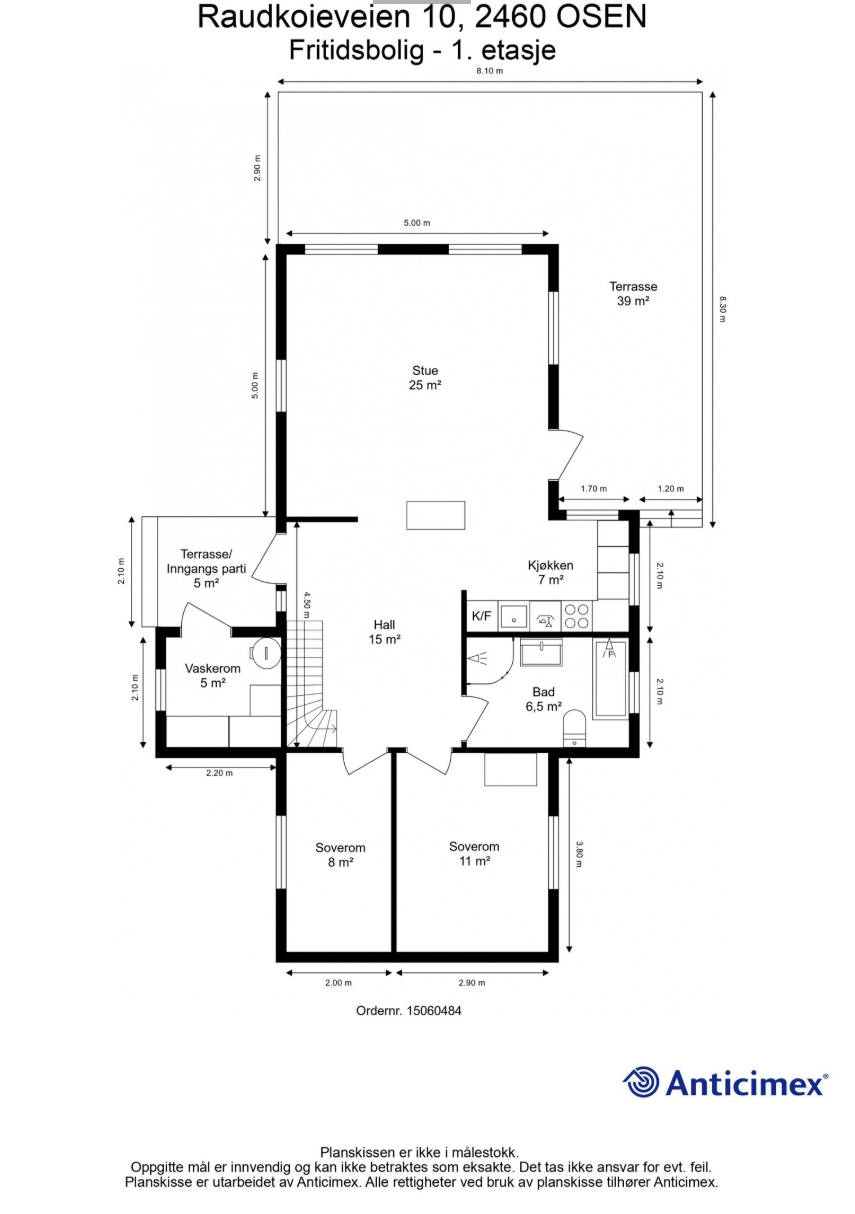 Planløsningen viser en åpen stue/kjøkkenløsning, hall, bad, vaskerom og 2 soverom. Galleribilde