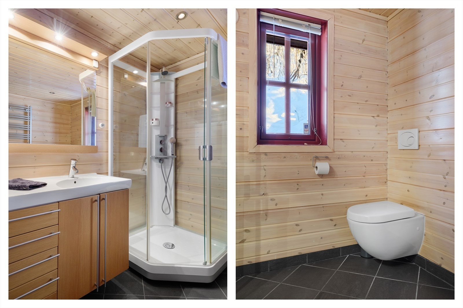 Det er dusjkabinett, oppvarmet håndklestativ, vegghengt wc, opplegg for vaskemaskin og plass til tørketrommel, flott baderomsinnredning samt spotter i tak. Galleribilde