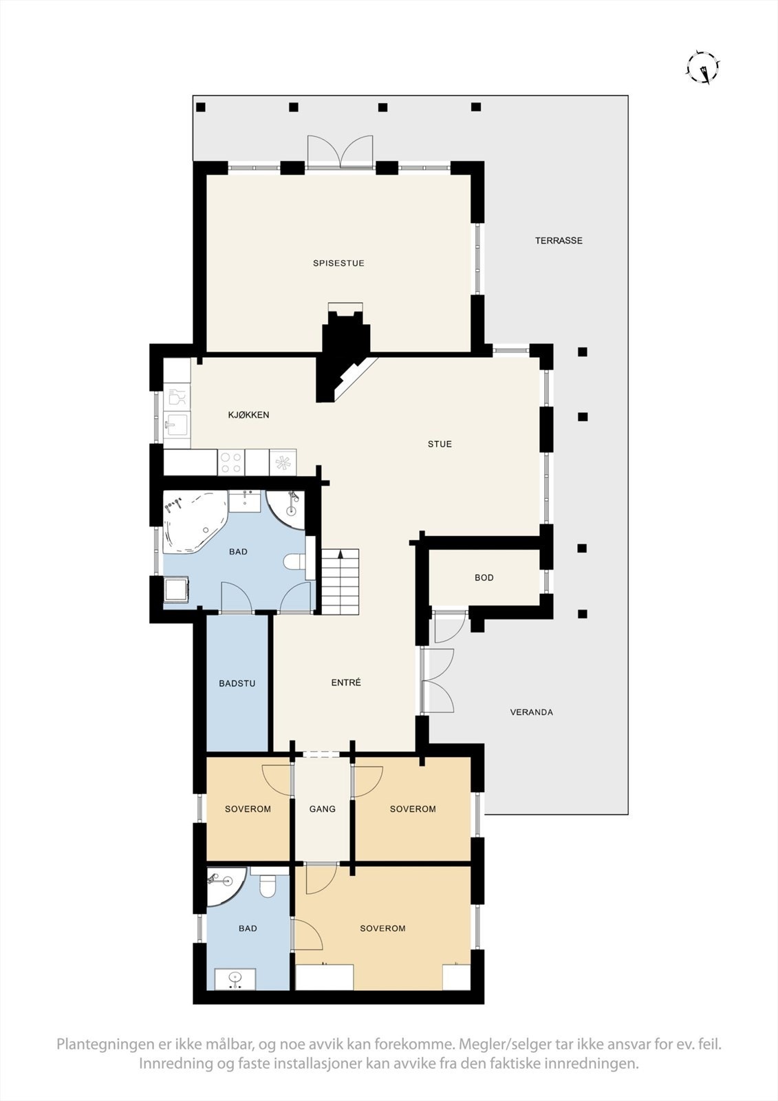 Første etasje har en innholdsrik planløsning med stue, kjøkken, to bad, badstue og to soverom. Galleribilde