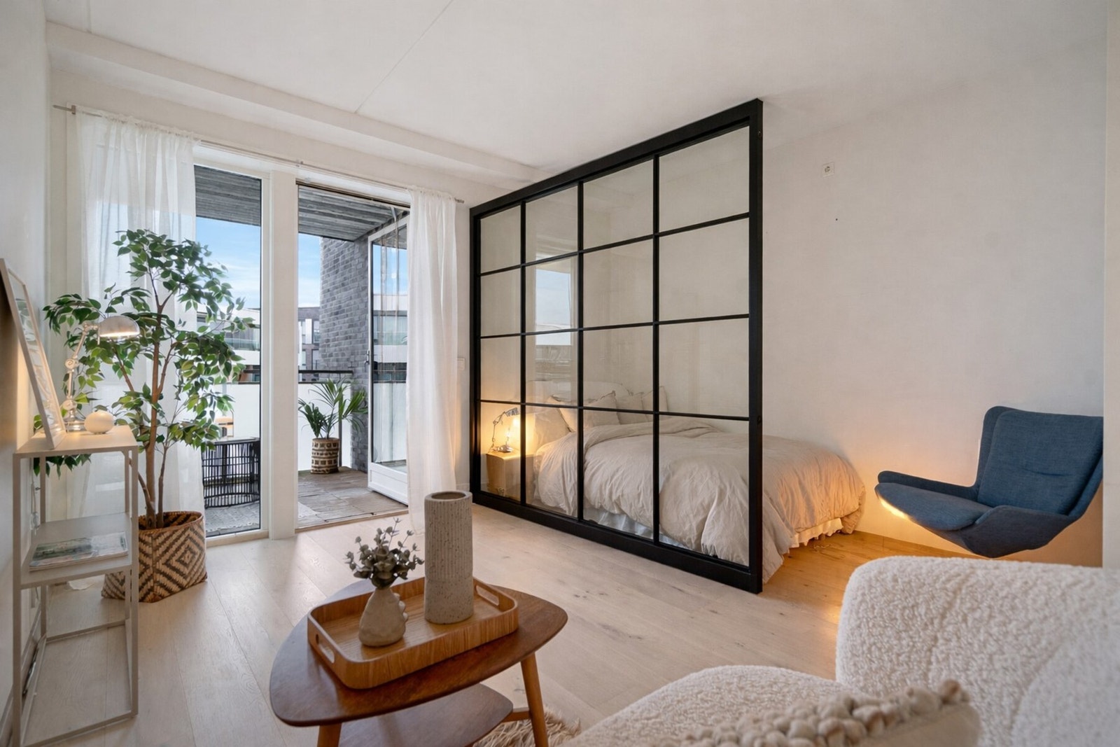 Forslag til innredning med "New York" -style skyvedører (Generert/ redigert bilde) Galleribilde