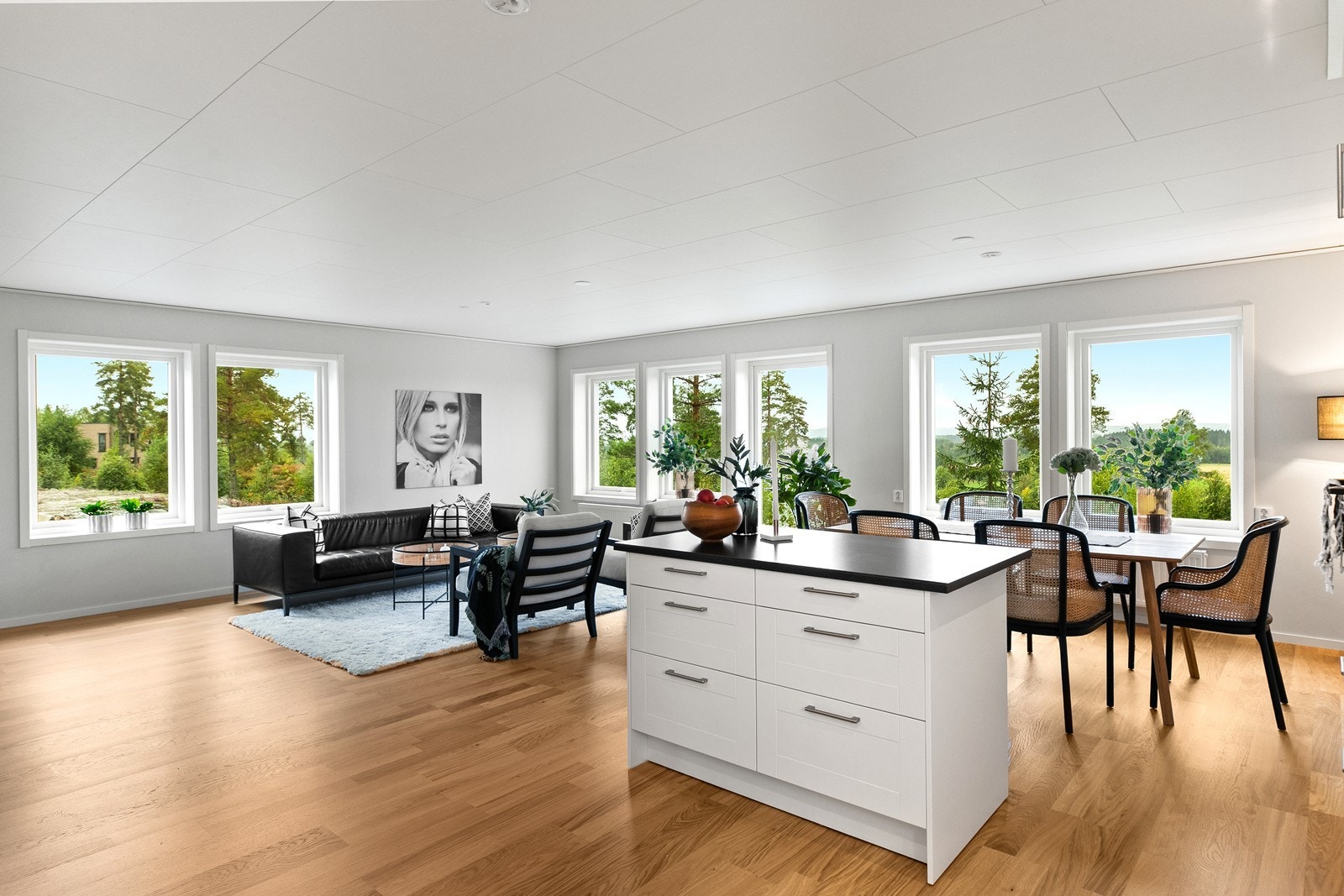 Stue med god plass til spisestue og sittegruppe. Galleribilde