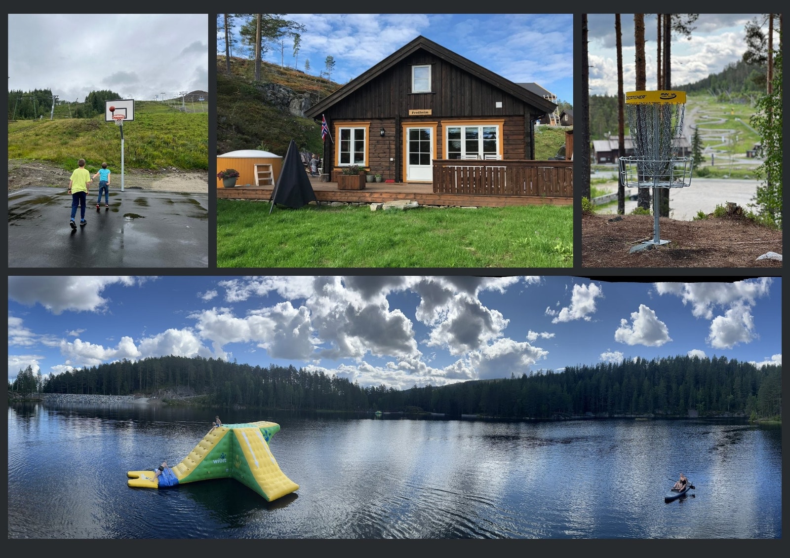 Selgers bilder av sommeraktiviteter i området, samt Skimore sitt bilde av frisbeegolf. Galleribilde