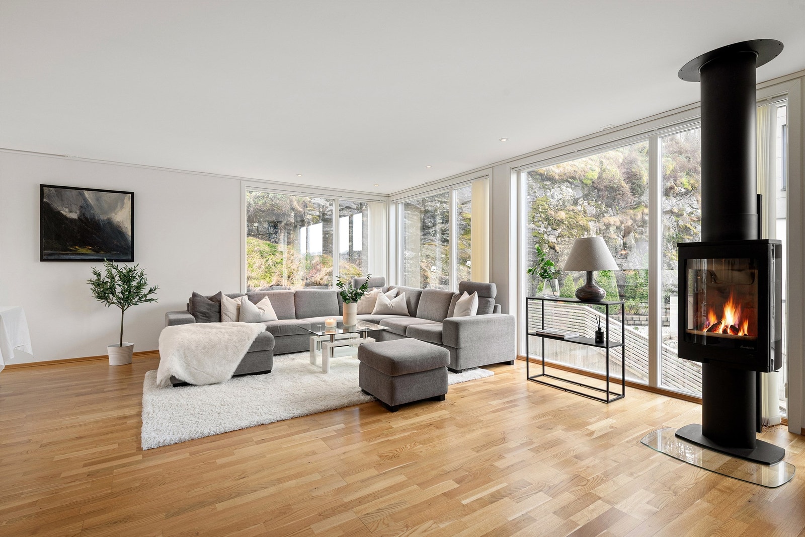 Peisovn med glassdør i stuen som gir både effektiv varme og en hyggelig stemning Galleribilde