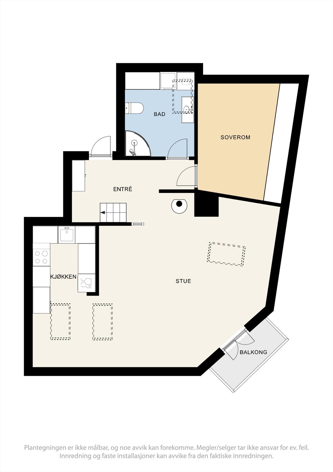 Hovedplanet rommer alle primærfunksjoner, med en tydelig adskilt soveromsdel. Galleribilde