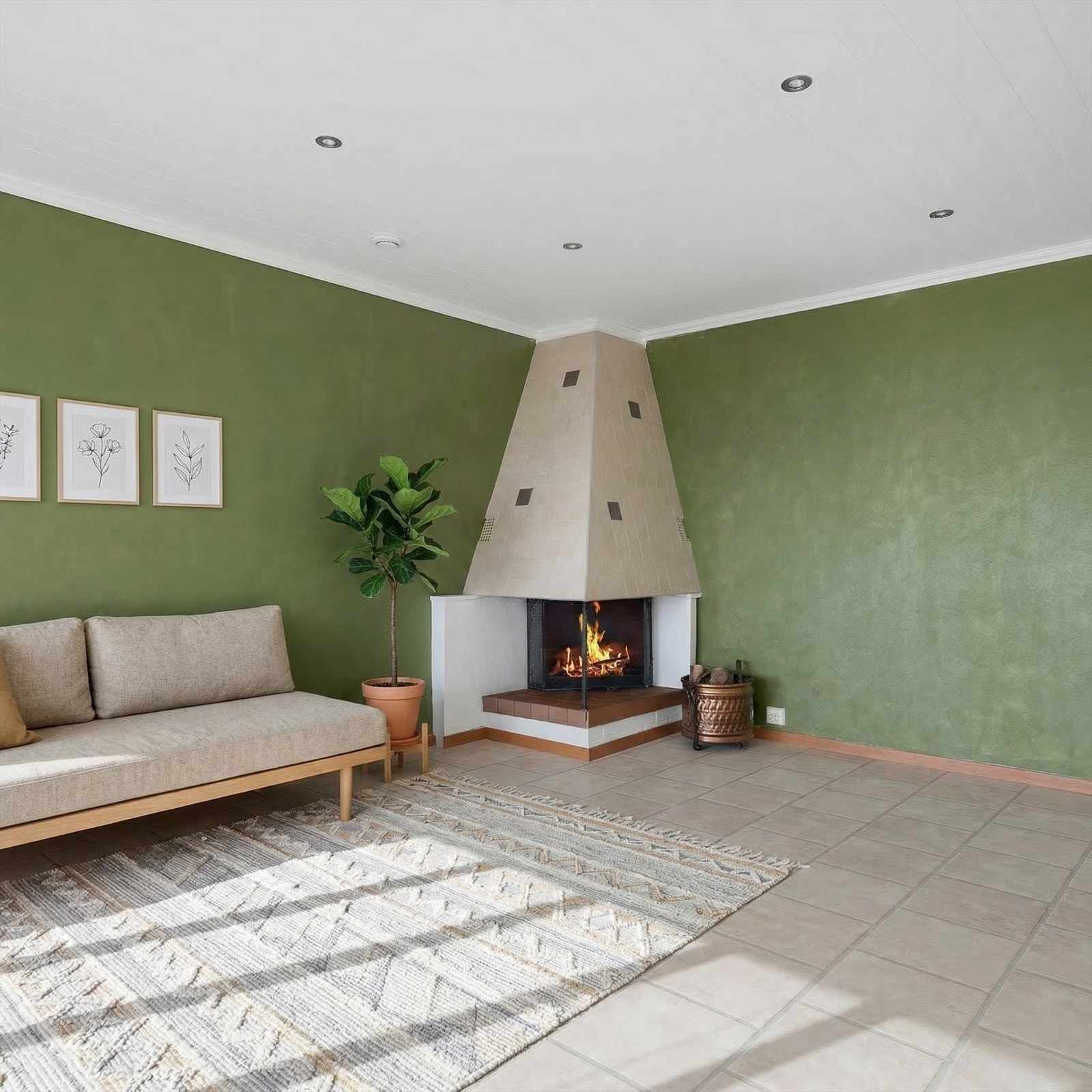 Boligen oppvarmes med varmepumpe, elektrisitet og vedfyring. Galleribilde