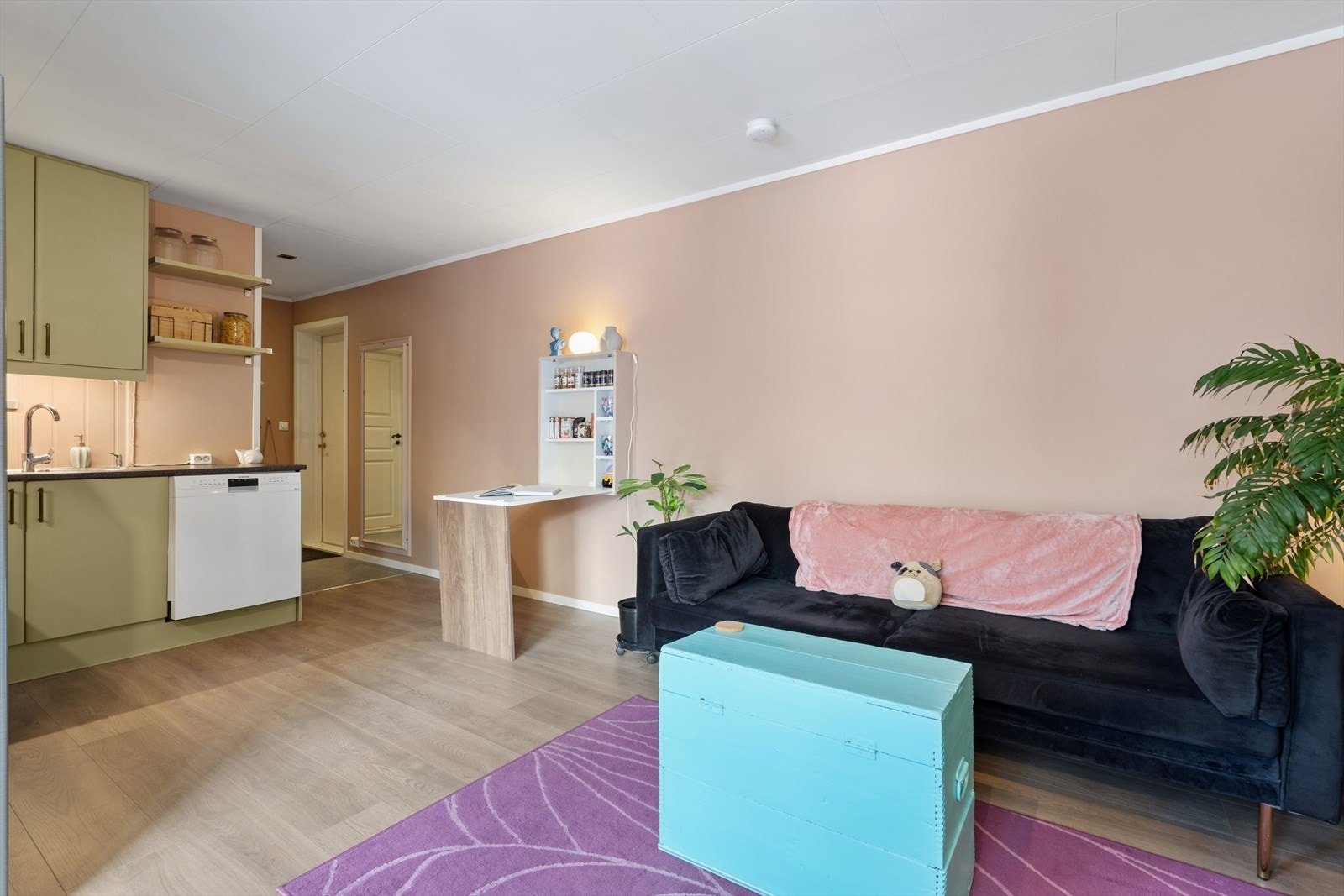 Den åpne planløsningen skaper en luftig romfølelse, og det er god plass til både sofagruppe og et lite spiseområde. Galleribilde