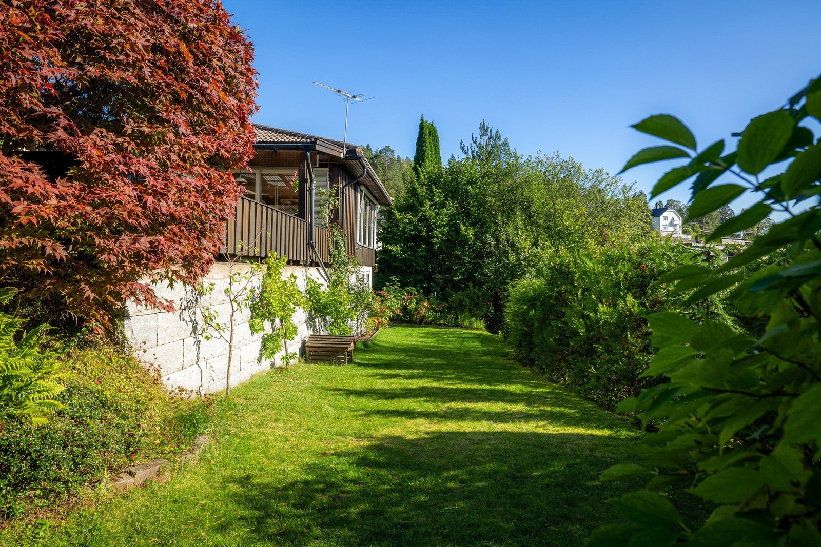 Tomten er pent opparbeidet med variert beplantning, flere uteplasser og har utmerkede solforhold. Galleribilde