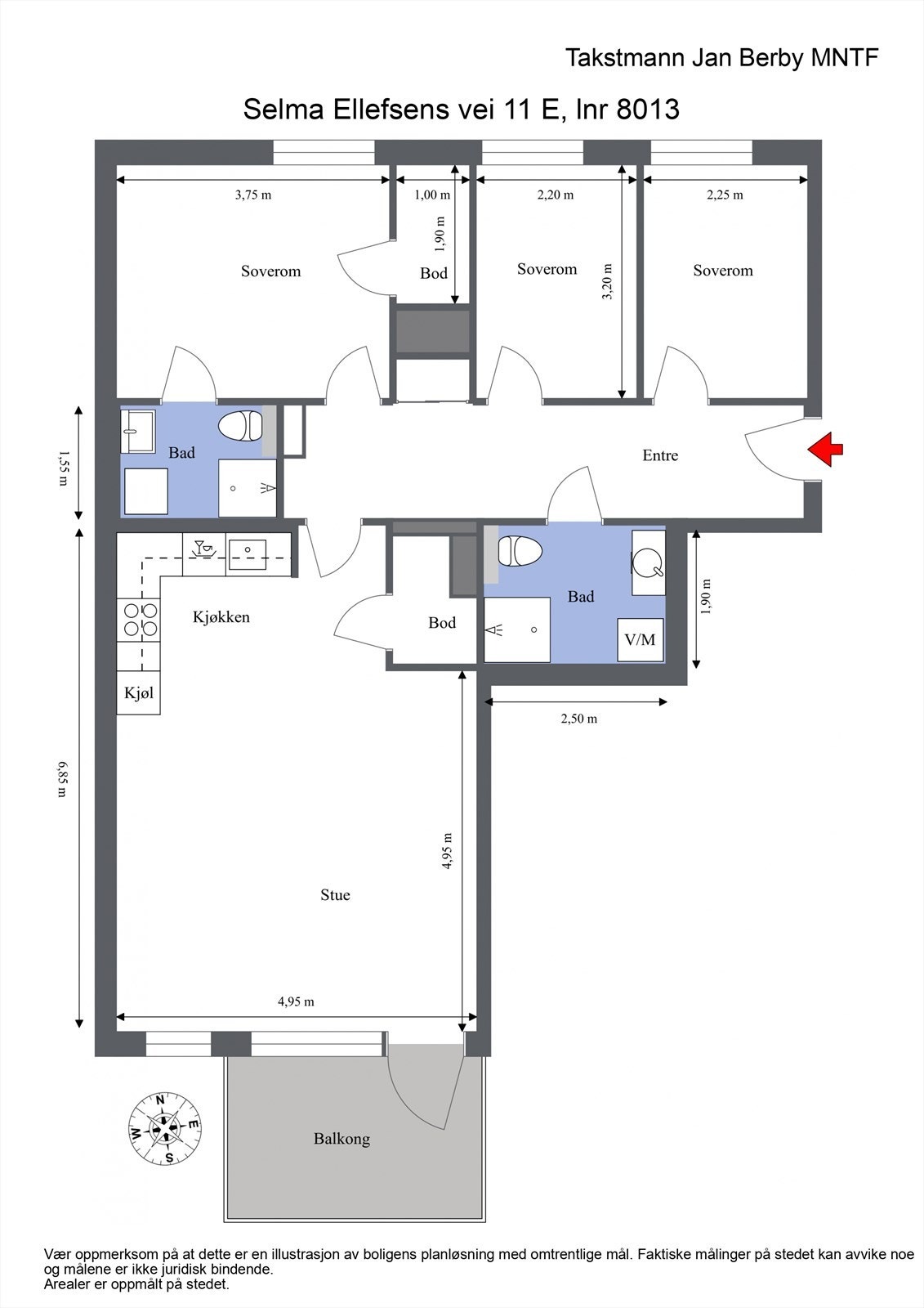 Plantegning. I tillegg disponerer leiligheten en kjellerbod. Galleribilde