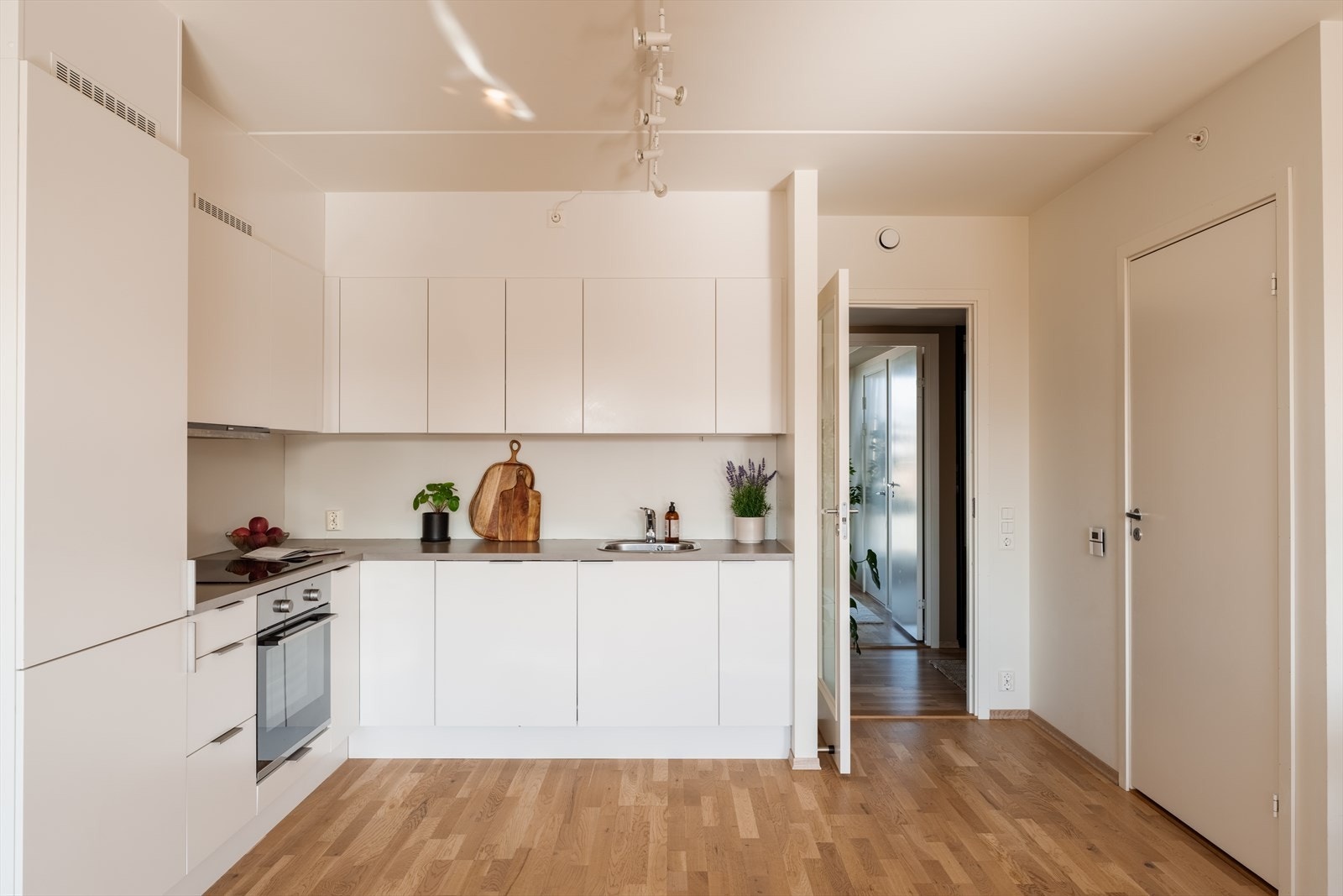 Integrerte hvitevarer som oppvaskmaskin, stekeovn, induksjon koketopp og kjøleskap med frysedel. Galleribilde