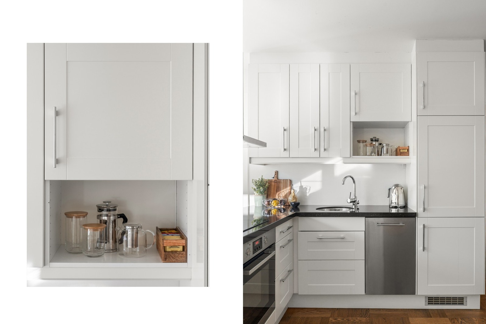 Benkeplaten er utstyrt med underlimt kum i rustfritt stål, og belysning under overskapene bidrar til en funksjonell arbeidsflate. Galleribilde