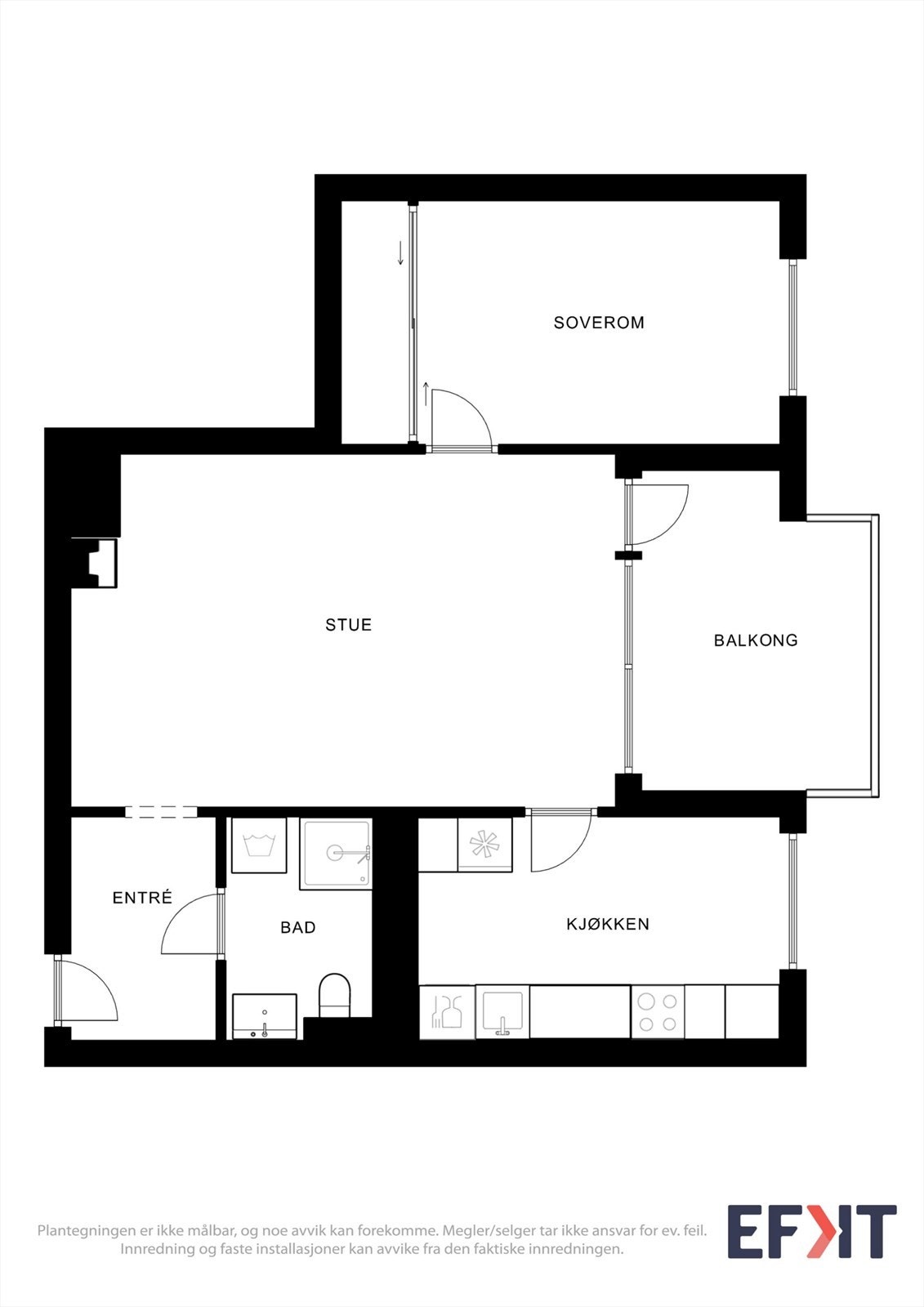 Leiligheten har en arealeffektiv planløsning på 57 m² som fordeler seg på entré, bad, kjøkken, stue og ett soverom. Galleribilde