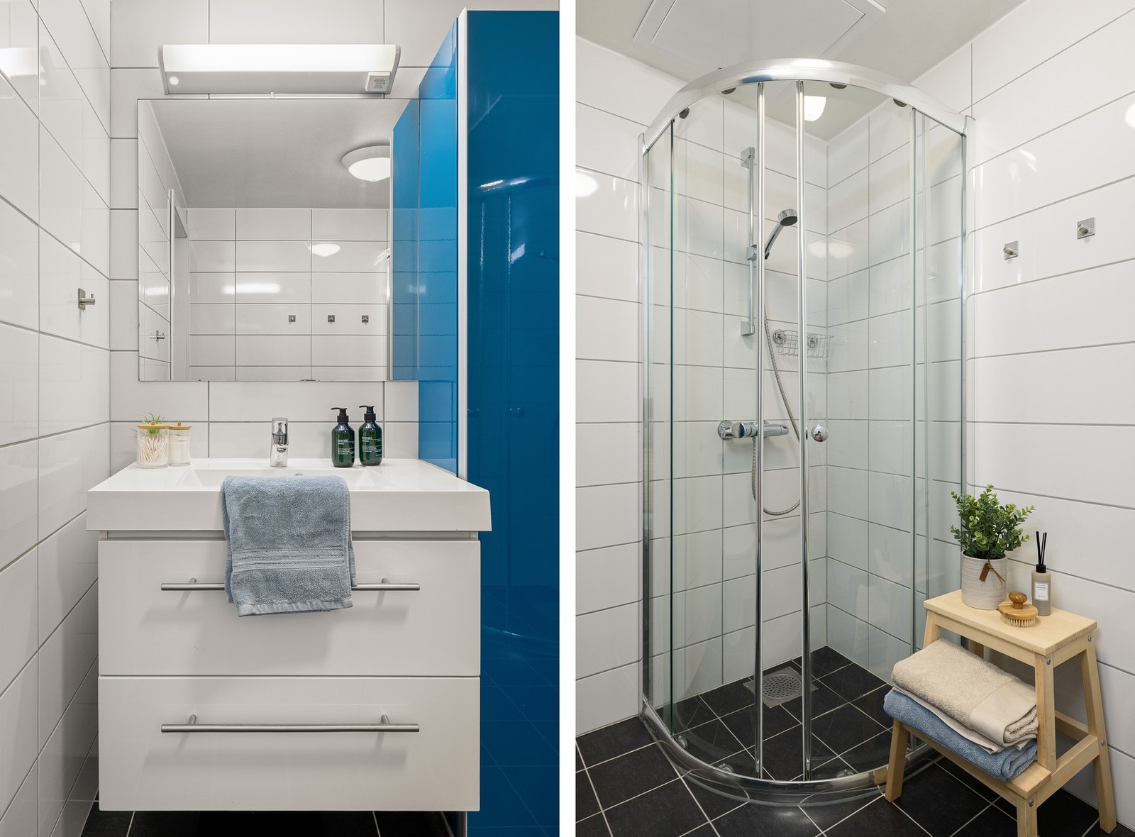 Det er innredet med toalett, dusj med glassvegger, baderomsinnredning med speil og belysning, samt høyskap for ekstra oppbevaringsplass. Galleribilde