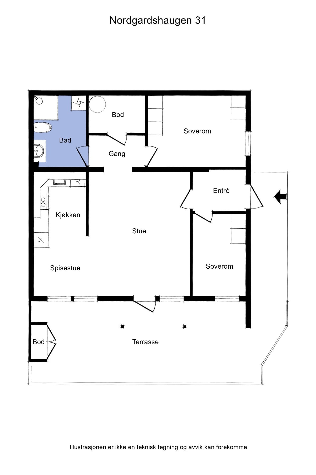 Leiligheten ligger i første etasje med trappefri adkomst. Galleribilde