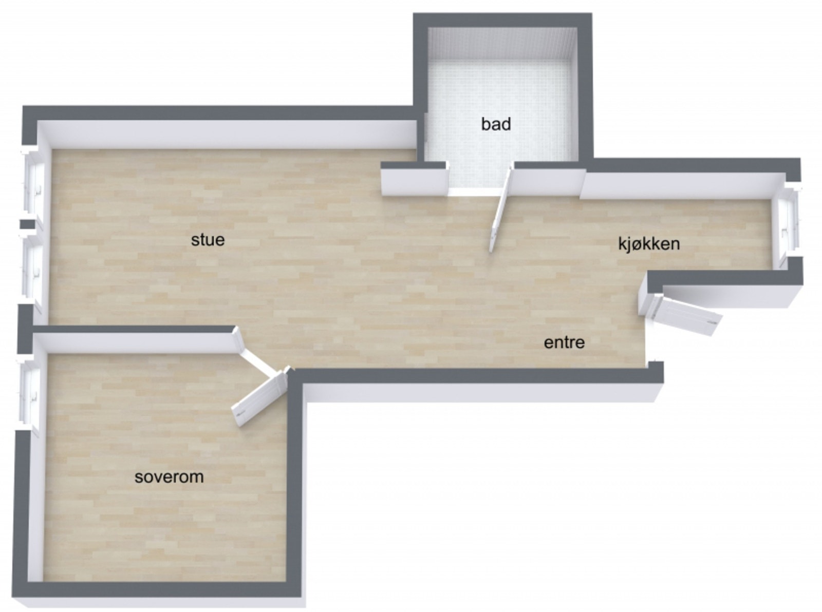 Leiligheten ligger i 1. etasje og inneholder stue/kjøkken, bad og soverom. Galleribilde